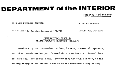 International Trade in Animal Products Threatens Wildlife April 9, 1975
