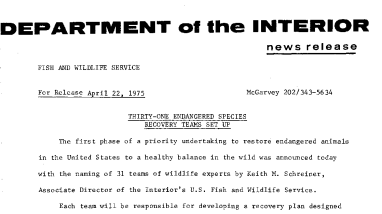 Thirty-One Endangered Species Recovery Teams Set up April 22, 1975