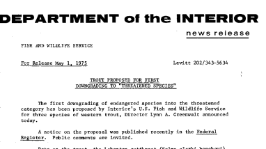 Trout Proposed for First Downgrading to "Threatened Species" May 1, 1975