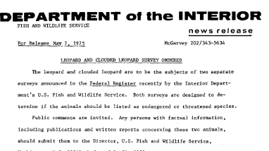 Leopard and Clouded Leopard Survey Ordered May 7, 1975