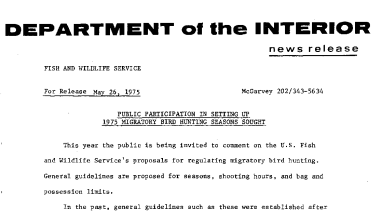 Public Participation in Setting up 1975 Migratory Bird Hunting Seasons Sought May 26, 1975