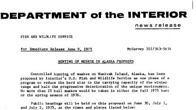 Hunting of Muskox in Alaska Proposed June 9, 1975