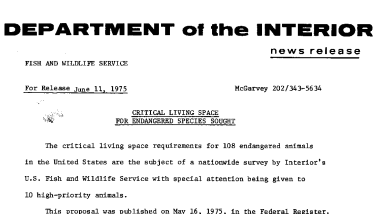 Critical Living Space for Endangered Species Sought June 11, 1975