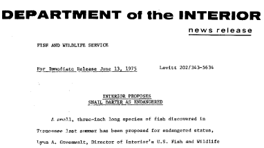 Interior Proposes Snail Darter as Endangered June 13, 1975