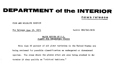 Major Review of U.S. Plants for Endangered Status June 29, 1975
