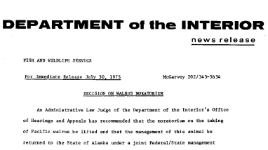 Decision on Walrus Moramrium July 30, 1975