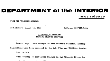 Significant Waterfowl Hunting Changes Proposed August 15, 1975