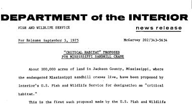 "Critical Habitat" Proposed for Mississippi Sandhill Crane September 5, 1975