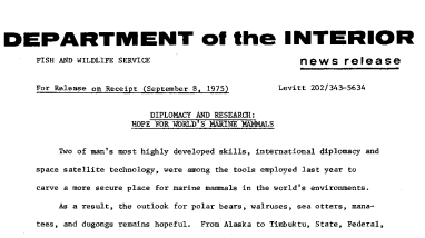 Diplomacy and Research: Hope for World's Marine Mammals September 8, 1975
