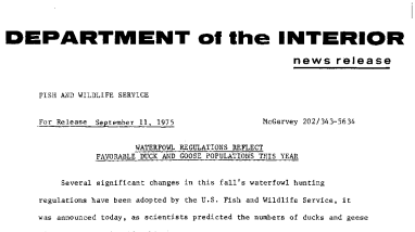 Waterfowl Regulations Reflect Favorable Duck and Goose Populations This Year September 11, 1975