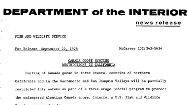 Canada Goose Hunting Restrictions in California September 22, 1975