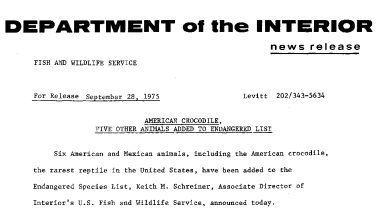 American Crocodile, Five Other Animals Added to Endangered List September 28, 1975