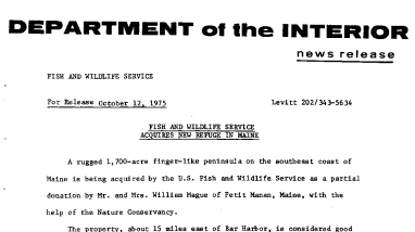Fish and Wildlife Service Acquires New Refuge in Maine October 12, 1975