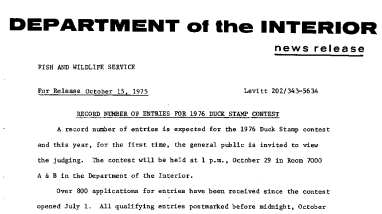 Record Number of Entries for 1976 Duck Stamp Contest October 15, 1975