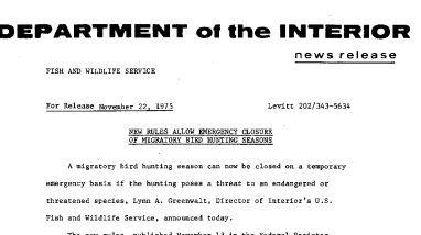 New Rules Allow Emergency Closure of Migratory Bird Hunting Seasons November 22, 1975