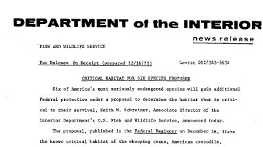 Critical Habitat for Six Species Proposed December 16, 1975