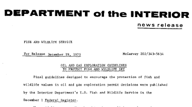 Oil and Gas Exploration Guidelines to Protect Fish and Wildlife Set December 19, 1975