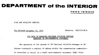 Six Ways of Managing National Wildlife Refuges Examined in Environmental Statement December 19, 1975