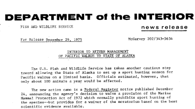 Interior to Return Management of Pacific Walrus to State of Alaska December 29, 1975
