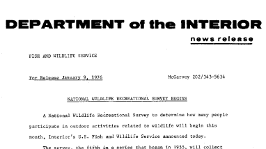 National Wildlife Recreational Survey Begins January 9, 1976