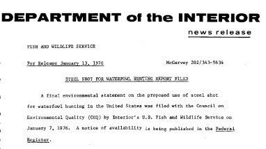 Steel Shot for Waterfowl Hunting Report Filed January 13, 1976