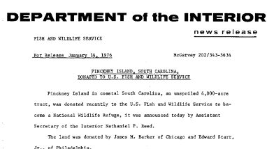 Pinckney Island, South Carolina, Donated to U.S. Fish and Wildlife Service January 14, 1976