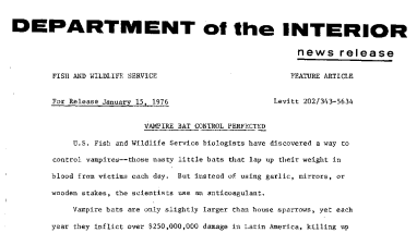 Vampire Bat Control Perfected January 15, 1976