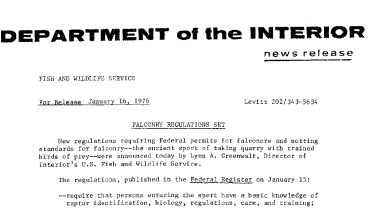 Falconry Regulations Set January 1, 1976