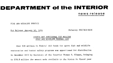 States Get Additional $35 Million Fish and Wildlife Federal Aid January 30, 1976