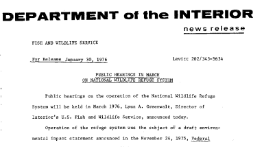 Public Hearings in March on National Wildlife Refuge System January 30, 1976