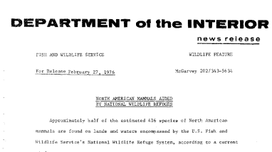 North American Mammals Aided by National Wildlife Refuges February 27, 1976