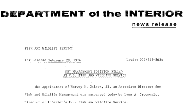 Key Management Position Filled at U.S. Fish and Wildlife Service February 28, 1976