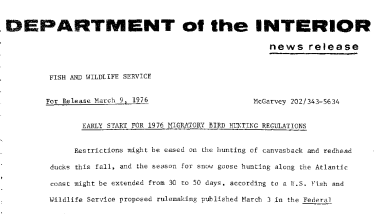 Early Start for 1976 Migratory Bird Hunting Regulations March 9, 1976