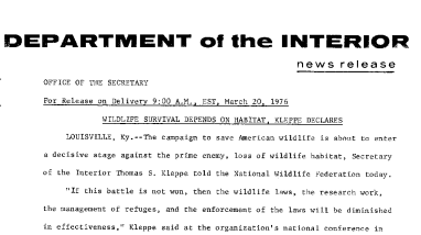 Wildlife Survival Depends on Habitat, Kleppe Declares March 20, 1976