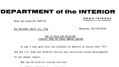 Top 10 Fish and Wildlife Stories Told in First Annual Report March 22, 1976