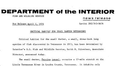 Critical Habitat for Snail Darter Determined April 2, 1976