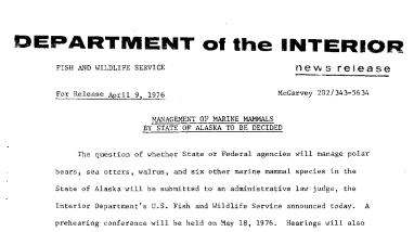 Management of Marine Mammals by State of Alaska to Be Decided April 9, 1976