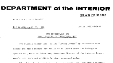 Two Buttrflies Are First Insects on Threatened List April 28, 1976