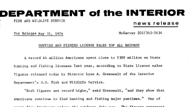 Hunting and Fishing License Sales Top All Records May 31, 1976