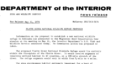 Platte River National Wildlife Refuge Proposed May 31, 1976