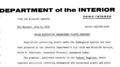 Rules Regulating Endangered Plants Proposed June 9, 1976