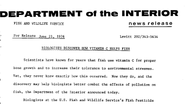 Biologists Discover How Vitamin C Helps Fish June 21, 1976