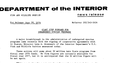 Giant Step Forward for Endangered Species Programs June 30, 1976