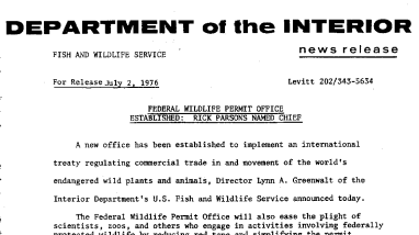Federal Wildlife Permit Office Established: Rick Parsons Named Chief July 2, 1976