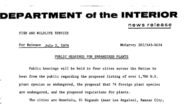 Public Hearings for Endangered Plants July 2, 1976
