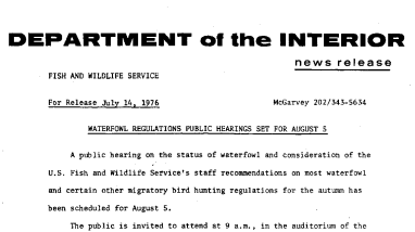 Waterfowl Regulations Public Hearings Set for August 5 July 14, 1976