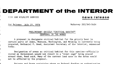 Preliminary Grizzly “Critical Habitat” Proposal in the Works July 22, 1976