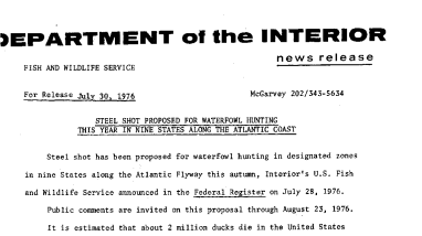 Steel Shot Proposed for Waterfowl Hunting This Year in Nine States Along the Atlantic Coast July 30, 1976