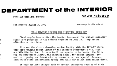Early Hunting Seasons for Migratory Birds Set August 3, 1976