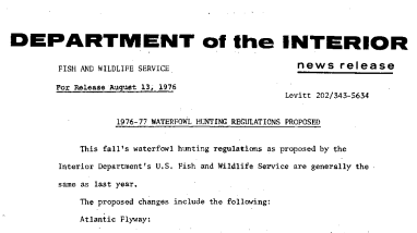 1976-77 Waterfowl Hunting Regulations Proposed August 13, 1976